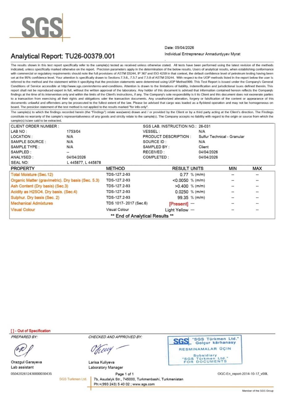Granulated Industrial Sulphur